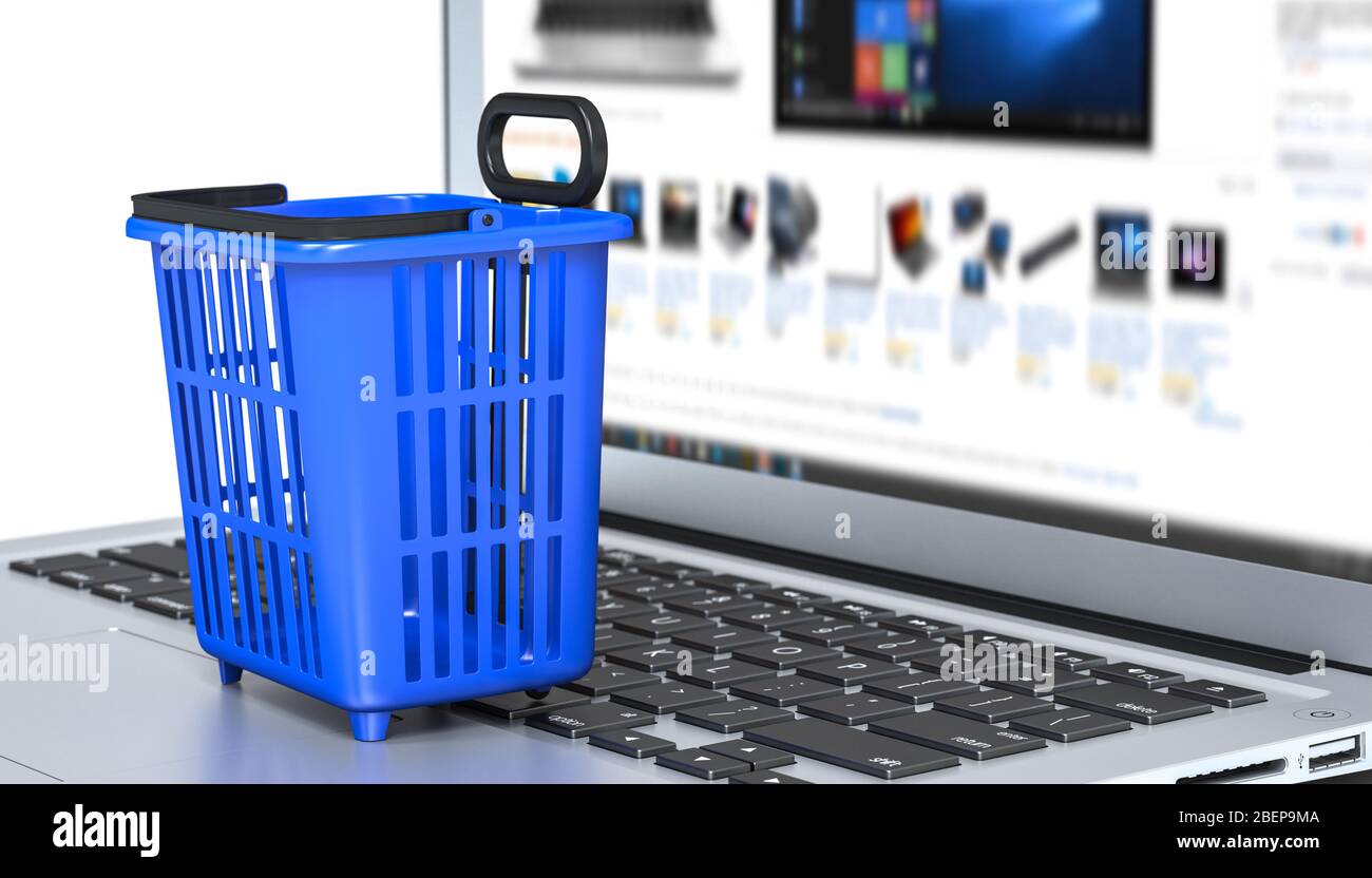 Korb Lebensmittel Einkaufswagen auf einem Laptop-Tastatur. Online-Shopping-Konzept. 3d-Rendering. Niemand da. Stockfoto