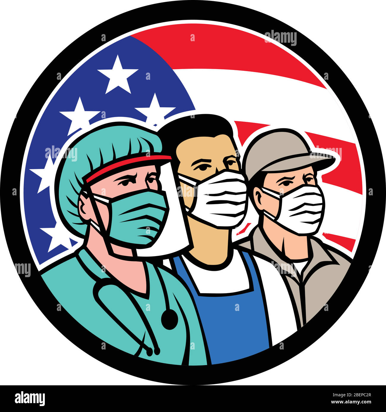 Maskottchen Ikone Illustration der amerikanischen Krankenschwester, Arzt, Lebensmittelgeschäft, Apotheker, EMT, Lieferung, Trucker, Lebensmittel, Front-Line, Hospiz Arbeiter tragen Maske mit US Stock Vektor