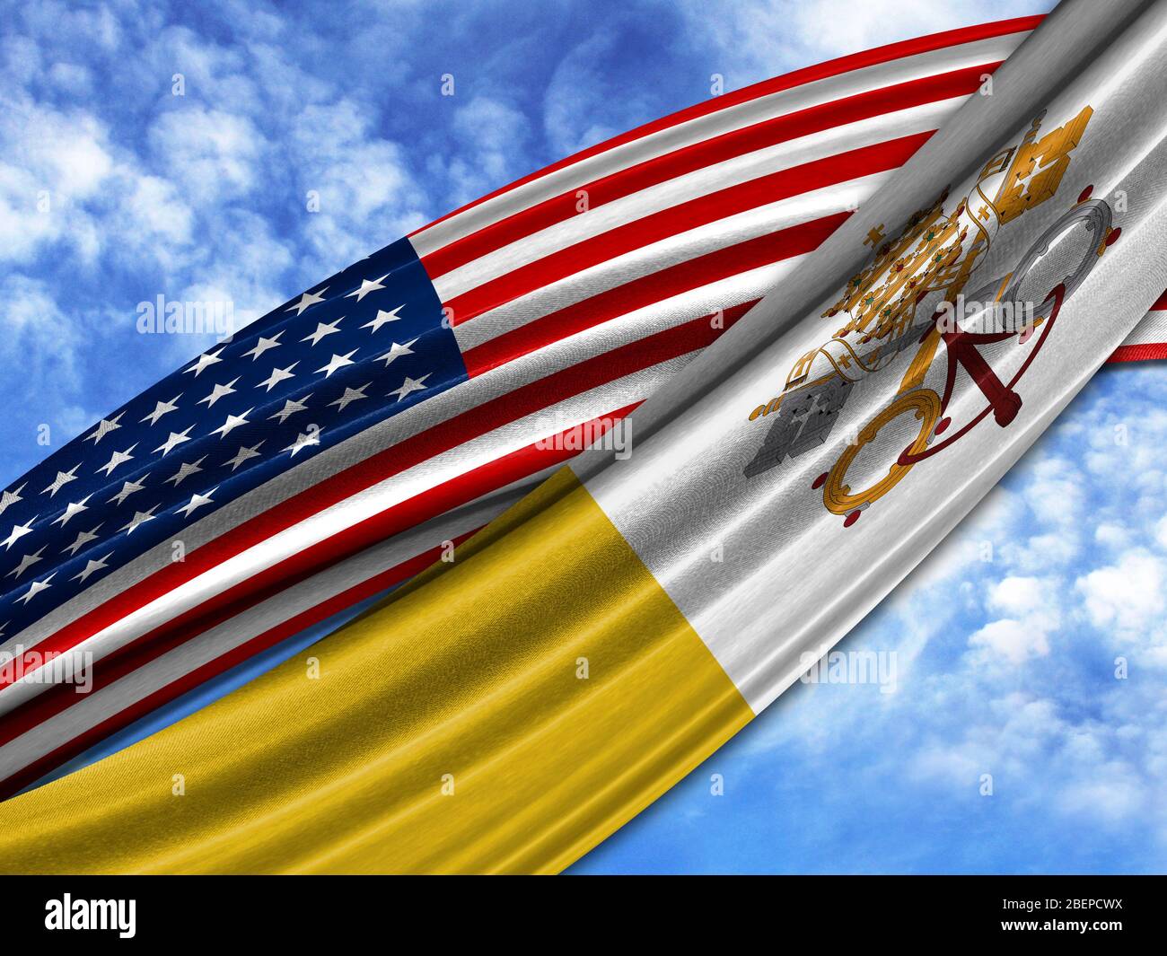 Flagge von Amerika mit Vatikanstadt Heilige Stuhl Flagge am Himmel Hintergrund Stockfoto