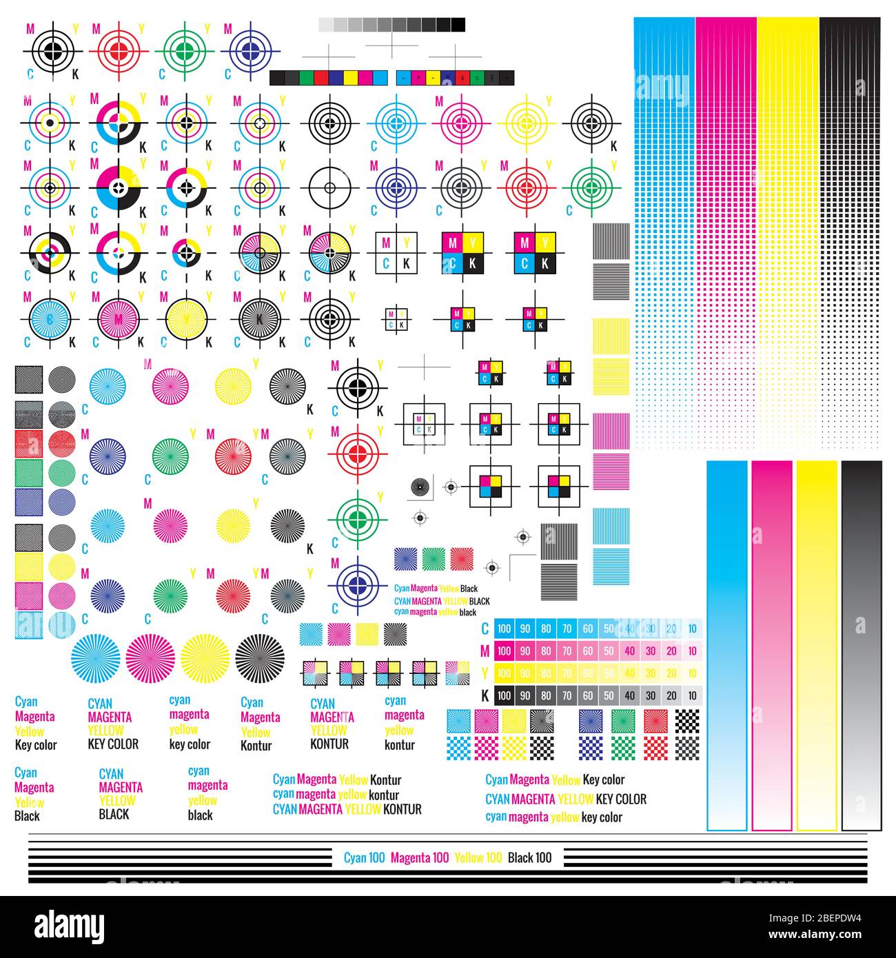 CMYK-Farbmanagement-Elemente. Grafische Symbol-Dienstprogramme werden veröffentlicht. Drücken Sie Mark. Kalibrierung, Schnittmarken. EPS 10 Stock Vektor