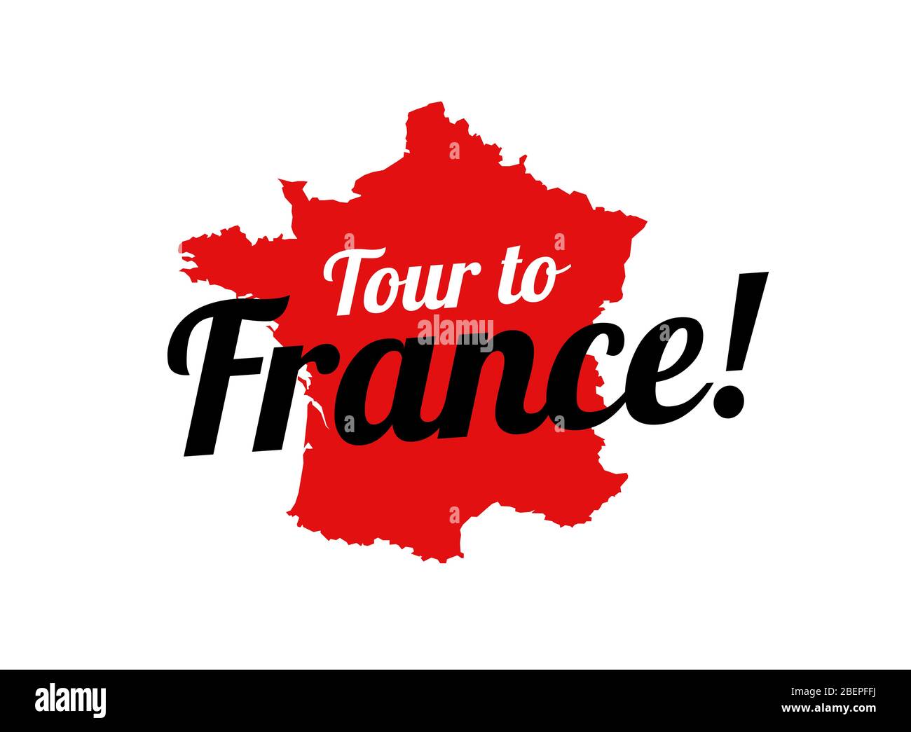 Tour to France - Vektorzeichen mit roter Kontur Karte von Frankreich und Einladung zur Reise auf weißem Hintergrund. Kreatives Logo für European Travel AG. Stock Vektor