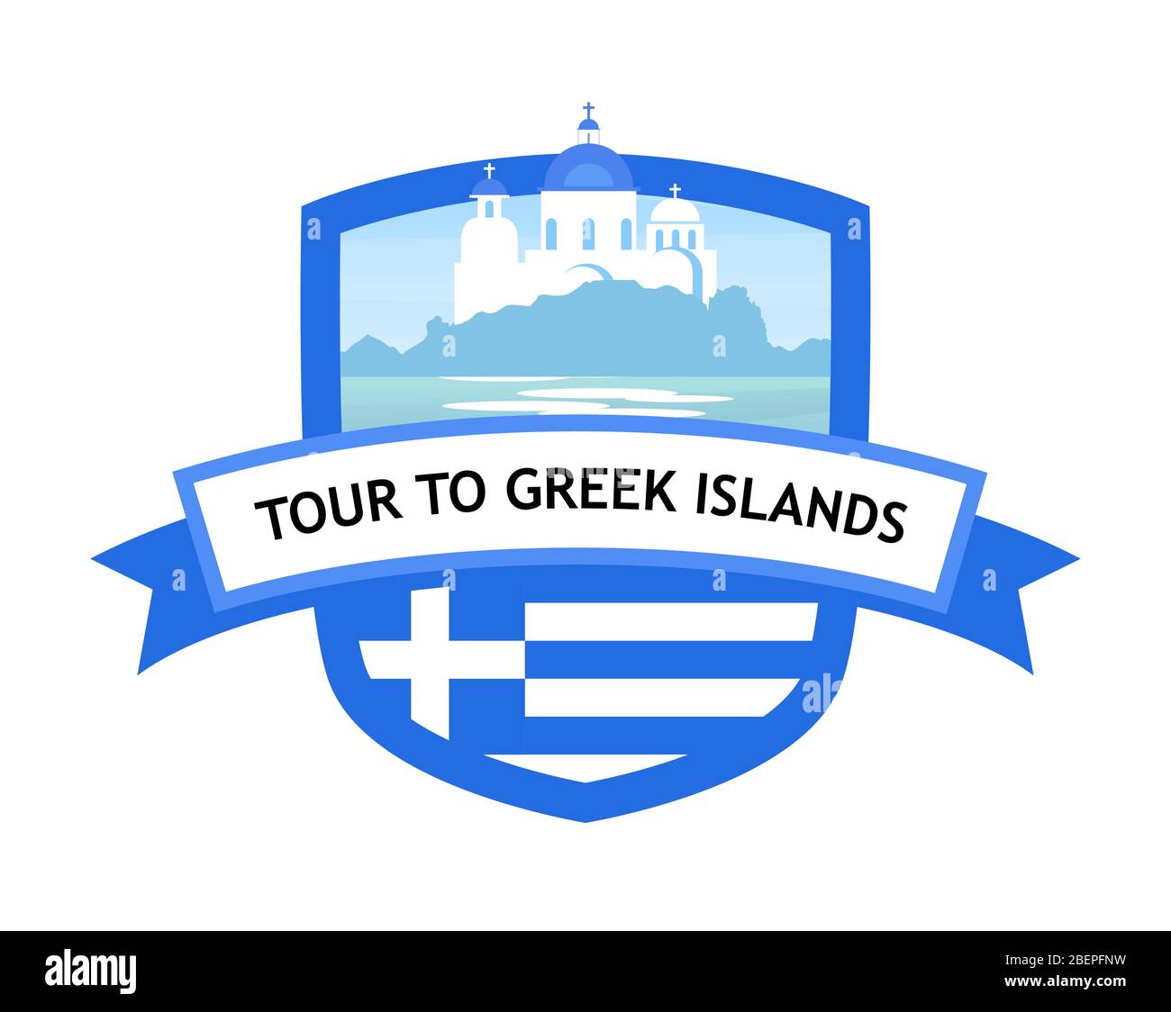 Griechenland Reiseabzeichen für die griechische Insel mit Meer, Kirche und Nationalflagge von Griechenland Stock Vektor