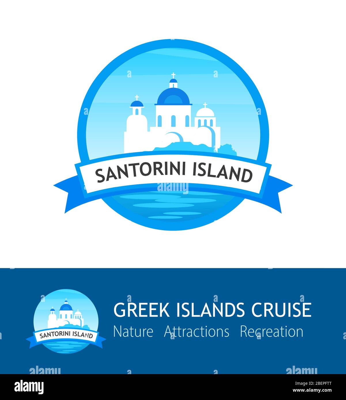 Griechenland Travel Logo mit Santorini Insel Kirche. Vektor-rundes Emblem auf weißem und blauem Hintergrund isoliert. Stock Vektor
