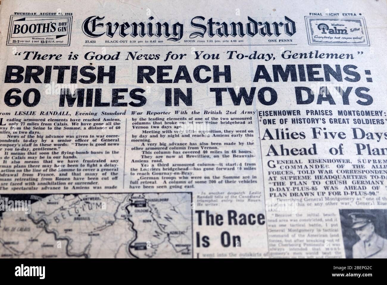 Evening Standard WW2 Britische Zeitung Schlagzeile 31 August 1944 'Britische erreichen Amiens: 60 Meilen in zwei Tagen' Stockfoto