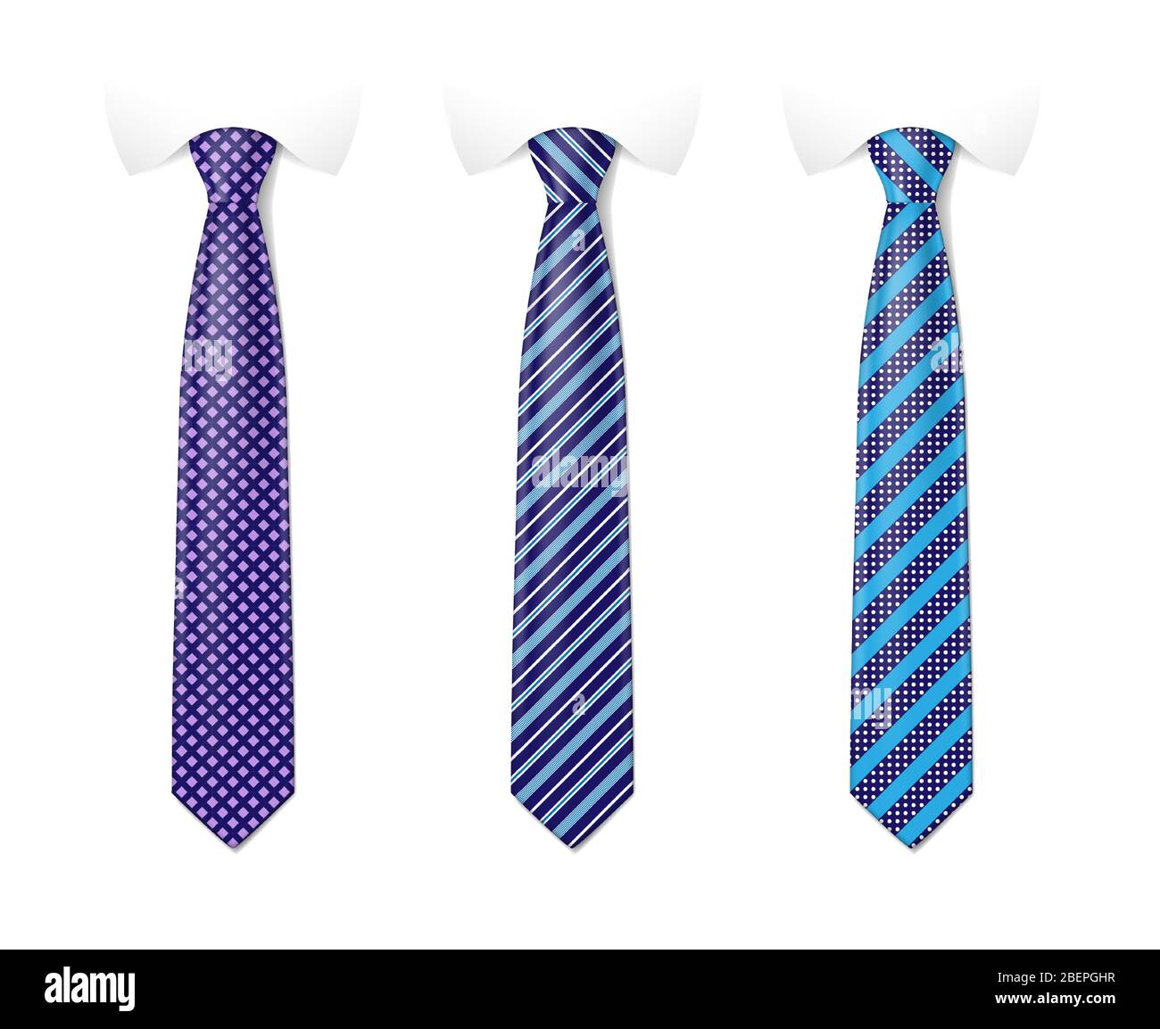 Mann farbigen Krawatte Set. Krawatte Mockup mit verschiedenen Mode-Muster. Gestreifte Seidenkrawatten Vorlagen mit Texturen Set. Vektorgrafik Stock Vektor