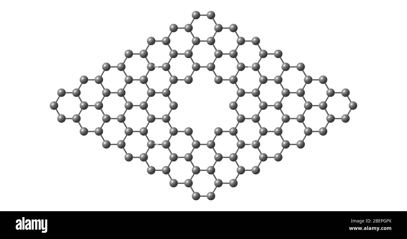 Pore in Graphen, einer Alotrope aus Kohlenstoff in Form eines zweidimensionalen, atomaren, sechseckigen Gitters, in dem ein Atom jeden Scheitelpunkt bildet Stockfoto