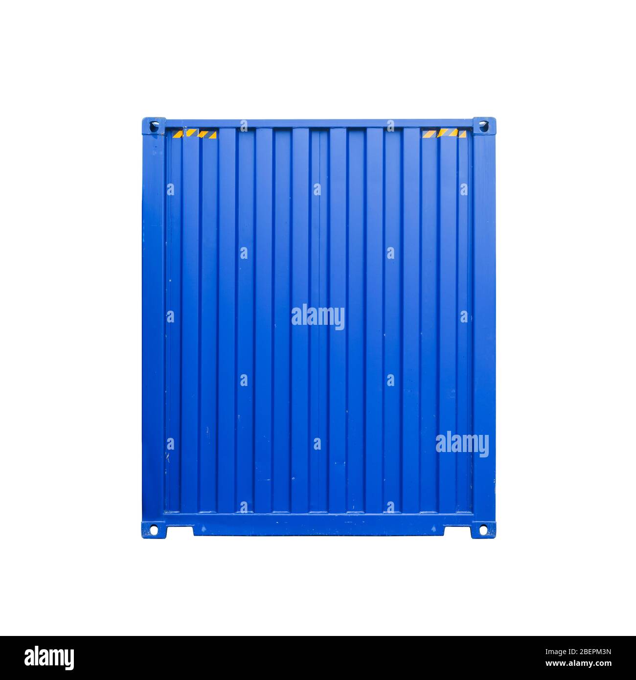 Blauer Standard-Frachtcontainer isoliert auf weißem Hintergrund, Vorderansicht, moderne industrielle Schiffsausrüstung Stockfoto