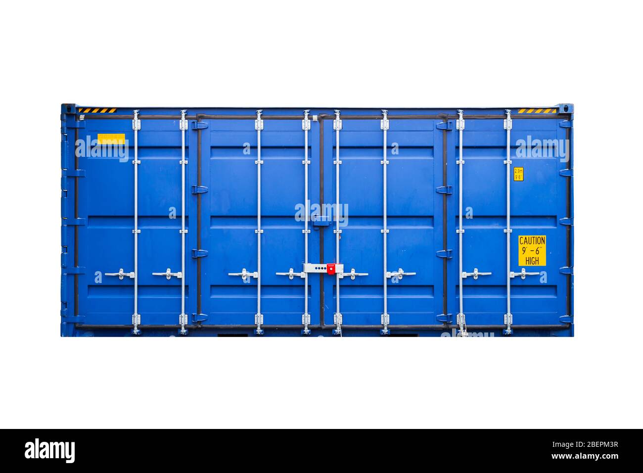 Standard-Frachtcontainer isoliert auf weißem Hintergrund, geschlossene Seitentüren. Moderne industrielle Schifffahrtsausrüstung Stockfoto