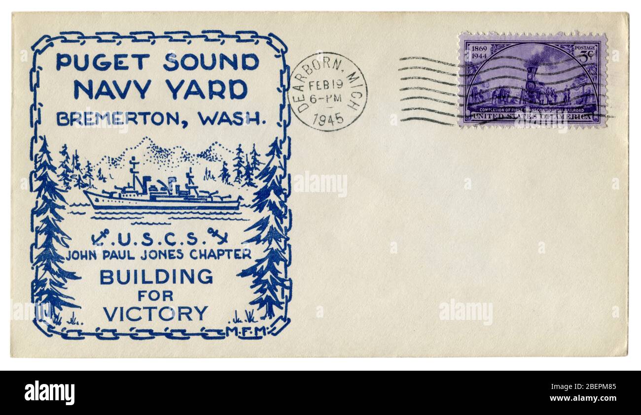 Dearborn, Michigan, USA - 19. Februar 1945: US-historischer Umschlag: Umschlag mit einem Cachet Puget Sound Marine Yard, Bremerton, Washington. U.S.C.S. Stockfoto