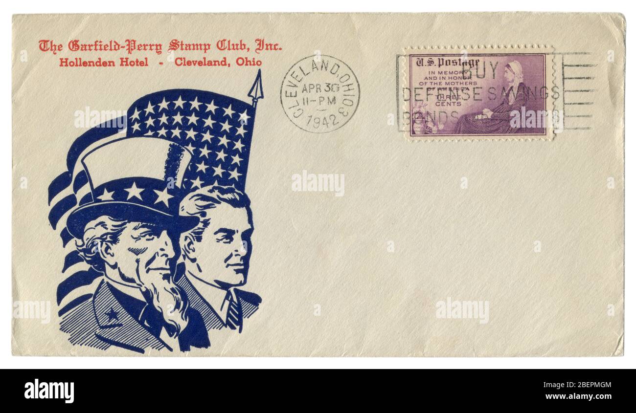Cleveland, Ohio, USA - 30. April 1942: US-historischer Umschlag: Umschlag mit patriotischem Cachet Onkel Sam und US-Bürger Schulter an Schulter Stockfoto