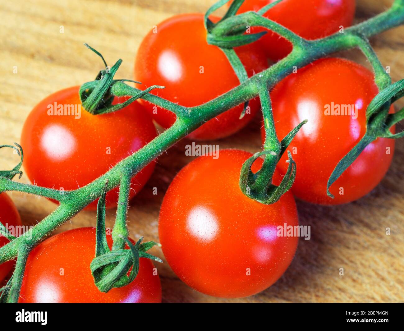 Vittoria Cherry Tomaten auf der Rebe auf einem Holzhackbrett Stockfoto