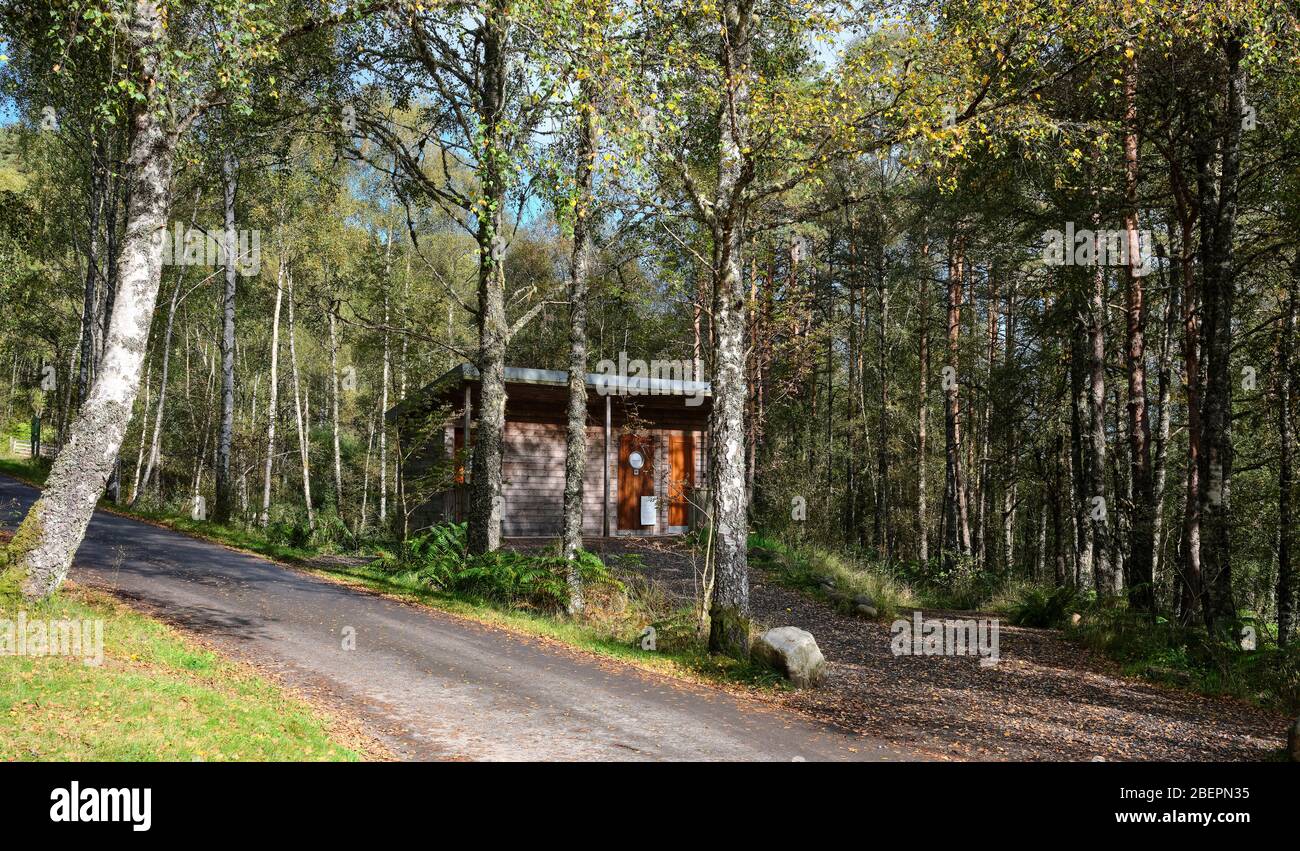 Glen Affric, Beauly, Inverness-Shire, Schottland, Großbritannien. 24/09/19. Kompostierung öffentlicher Toiletten auf dem Dog Falls Parkplatz in Glen Affric Stockfoto