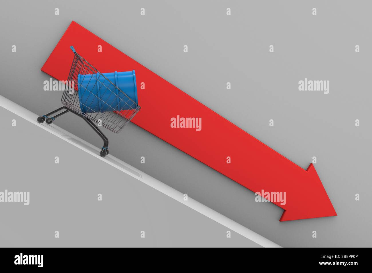 3d-Abbildung: Ein blaues Fass Öl in einem Einkaufswagen rollt eine steile Steigung hinunter, vor dem Hintergrund eines großen roten Pfeils. Stockfoto