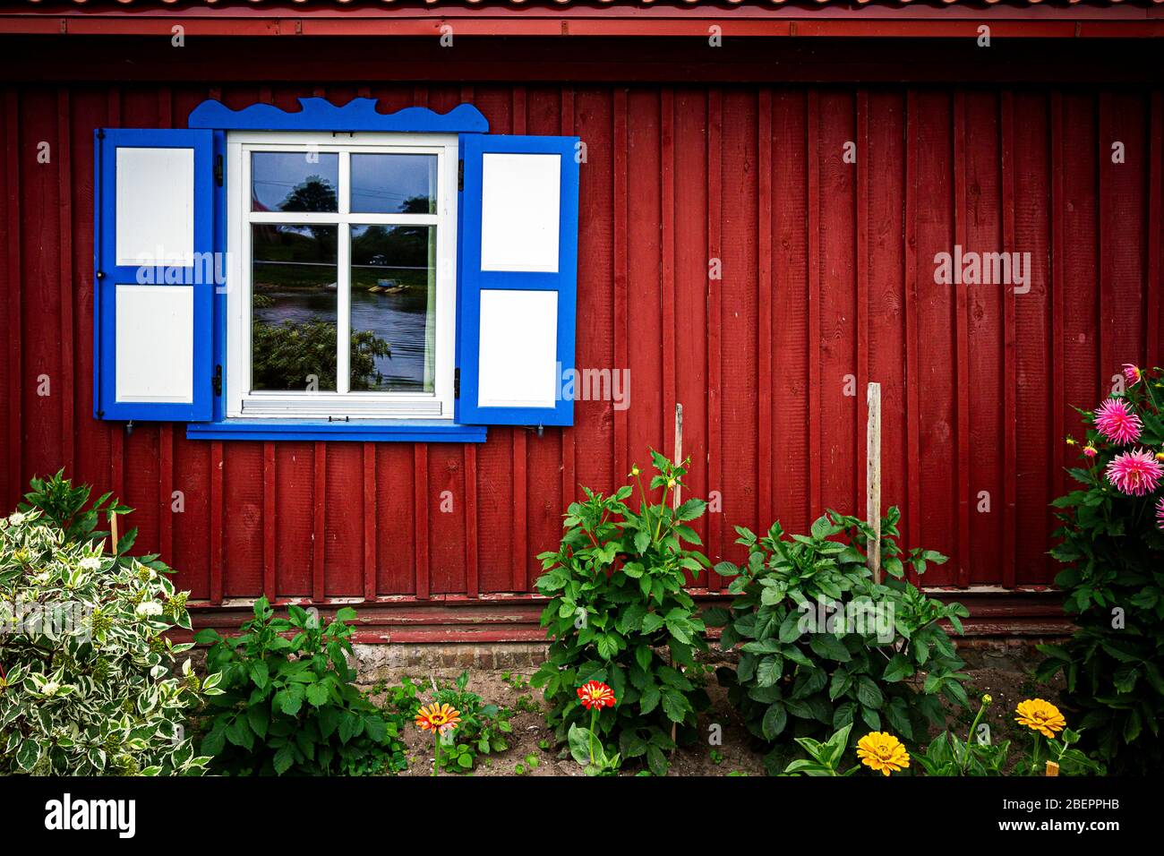 Fenster mit offenen Holzfenstern an einer roten Wand mit Blumengarten darunter Stockfoto
