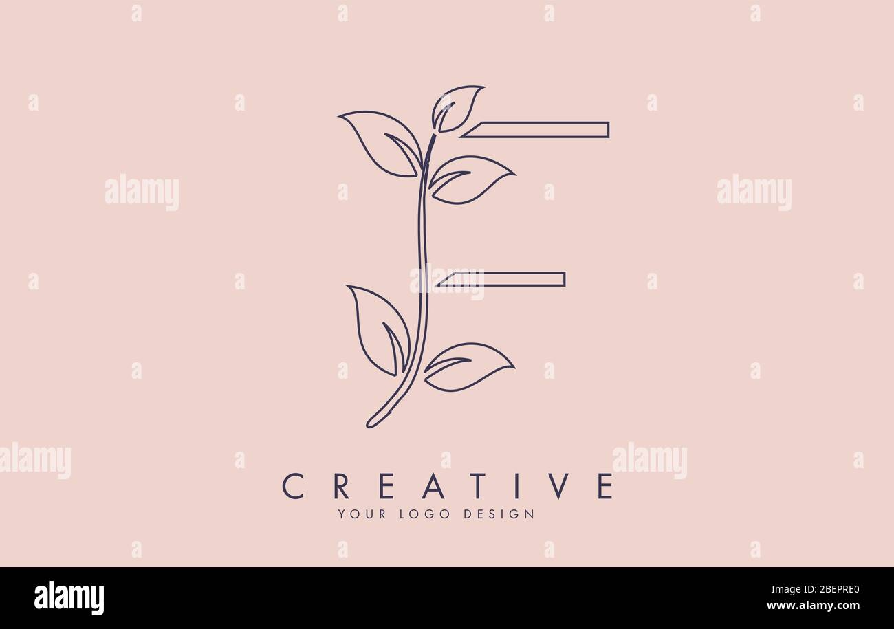 Outline Blatt Buchstabe F Logo Design mit Blättern auf einem Zweig und rosa Hintergrund. Buchstabe F mit Naturkonzept. Öko und Organische Buchstaben Vektor Illustratio Stock Vektor