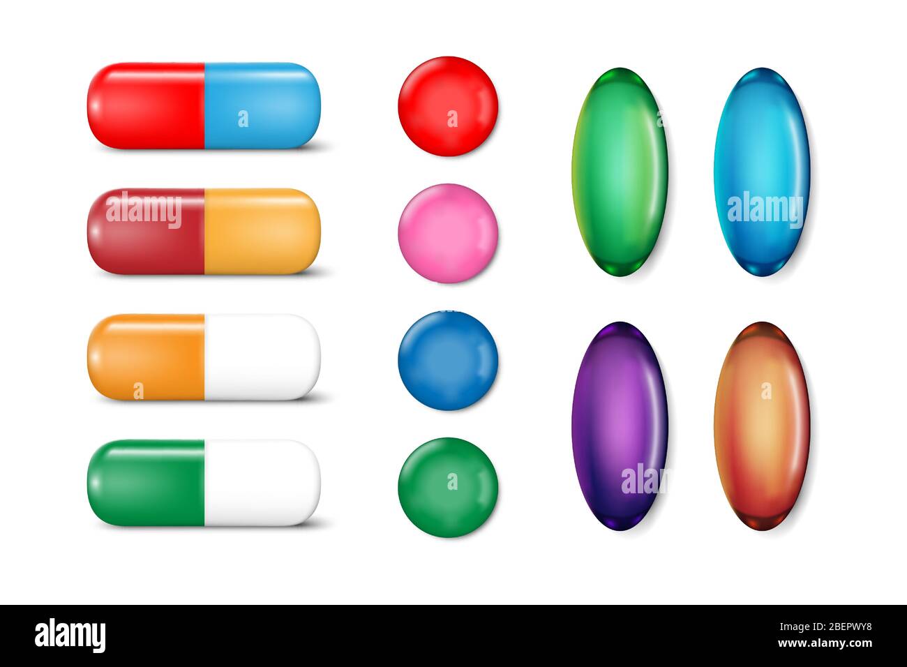 Medizin Schmerzmittel Pillen Vorlage. Set mit Farbtabletten. Antibiotika-Medikamente und Vitamin-Tablet Mockup. Vektorgrafik Stock Vektor