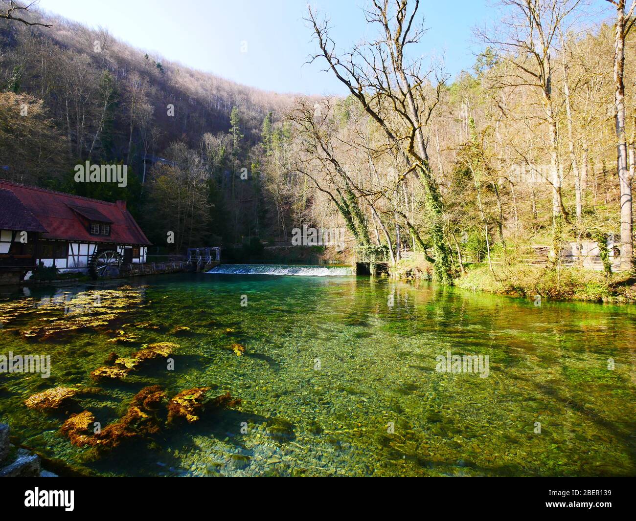Blaubeuren, Deutschland: Der berühmte 'Blautopf' im April Stockfoto