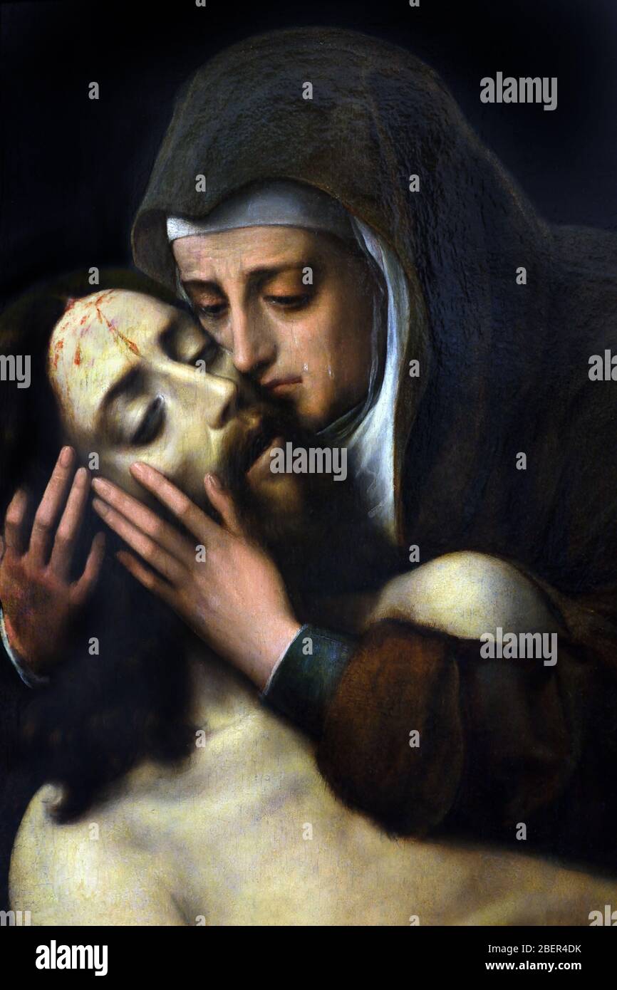 Vierge de douleur, Jungfrau des Schmerzes (Mater Dolorosa) von Luis de Morales (1509–1586) 16. Jahrhundert, Spanien, Spanisch, ( Jesus Christus ist tot und in den Armen seiner Mutter, der Jungfrau Maria. ) Stockfoto