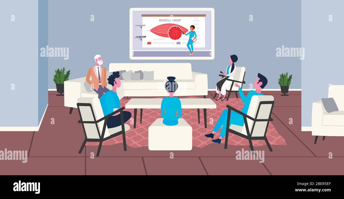 Ärzte Team Online-tv-Präsentation über menschliche Muskeln Anatomie Muskelmasse Gesundheitswesen Konzept Krankenhauszimmer Innenraum horizontale volle Länge Vektor Illustration Stock Vektor