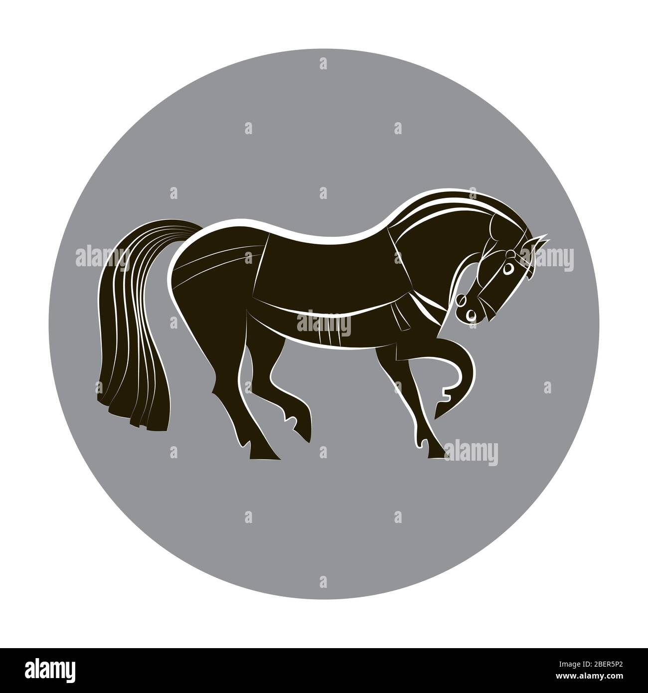 Schwarz-weißes Pferd. Rennpferd Silhouette isoliert. Stilvolle Kontur Pferd auf grauen Kreis Hintergrund. Für Stallungen Design, Farmen, Rennen. Reiten Stock Vektor