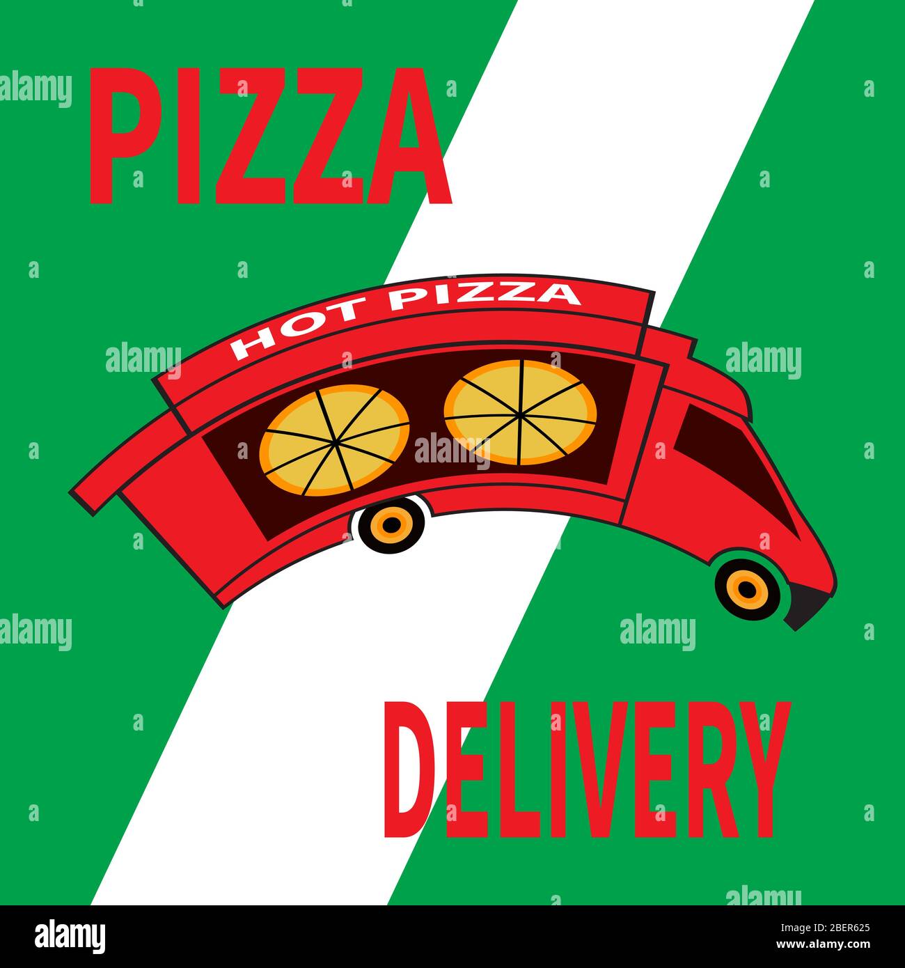 Roter Pizzawagen auf weiß-grünem Hintergrund. Lieferservice für Speisen. Lieferung Pizza Fahrten mit hoher Geschwindigkeit. Kunst-Design für Web, Website, Werbung, Banner, o Stock Vektor