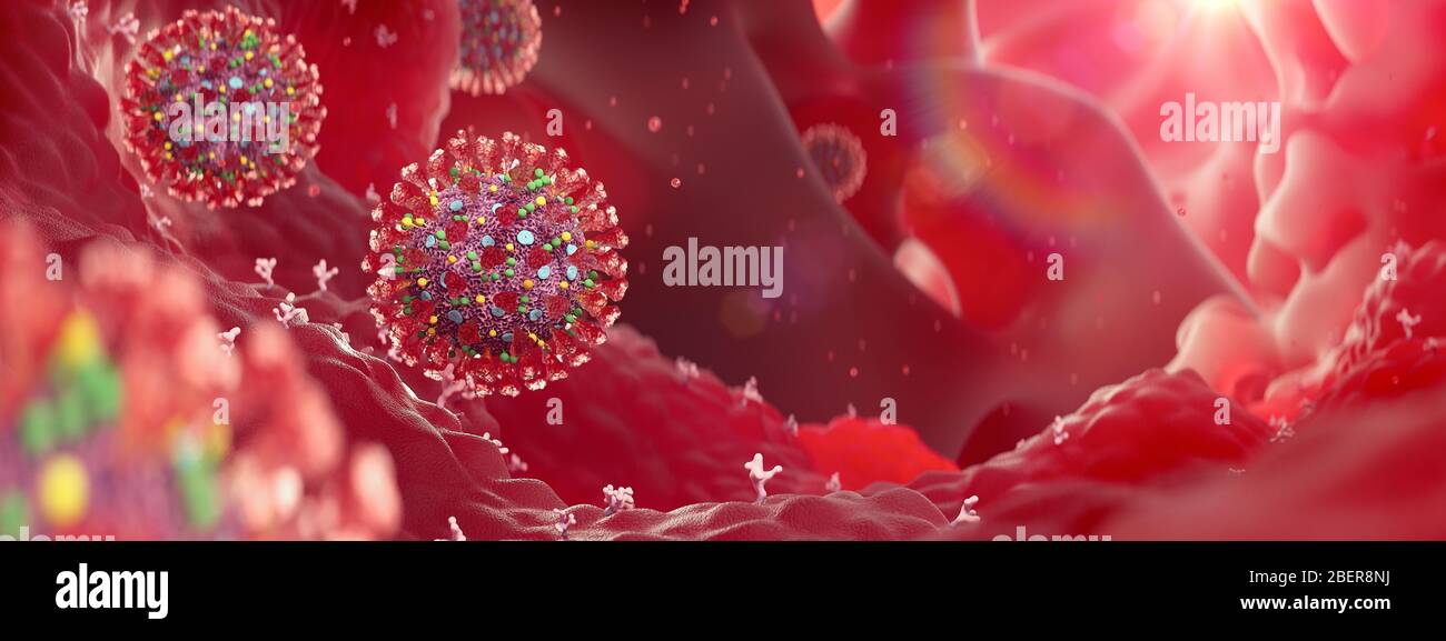 Coronavirus Ausbruch und Coronavirus Influenza Hintergrund mit Kopierraum. Grippe SARS-CoV-2 Viruszelle unter dem Mikroskop. 3d-Rendern. Stockfoto