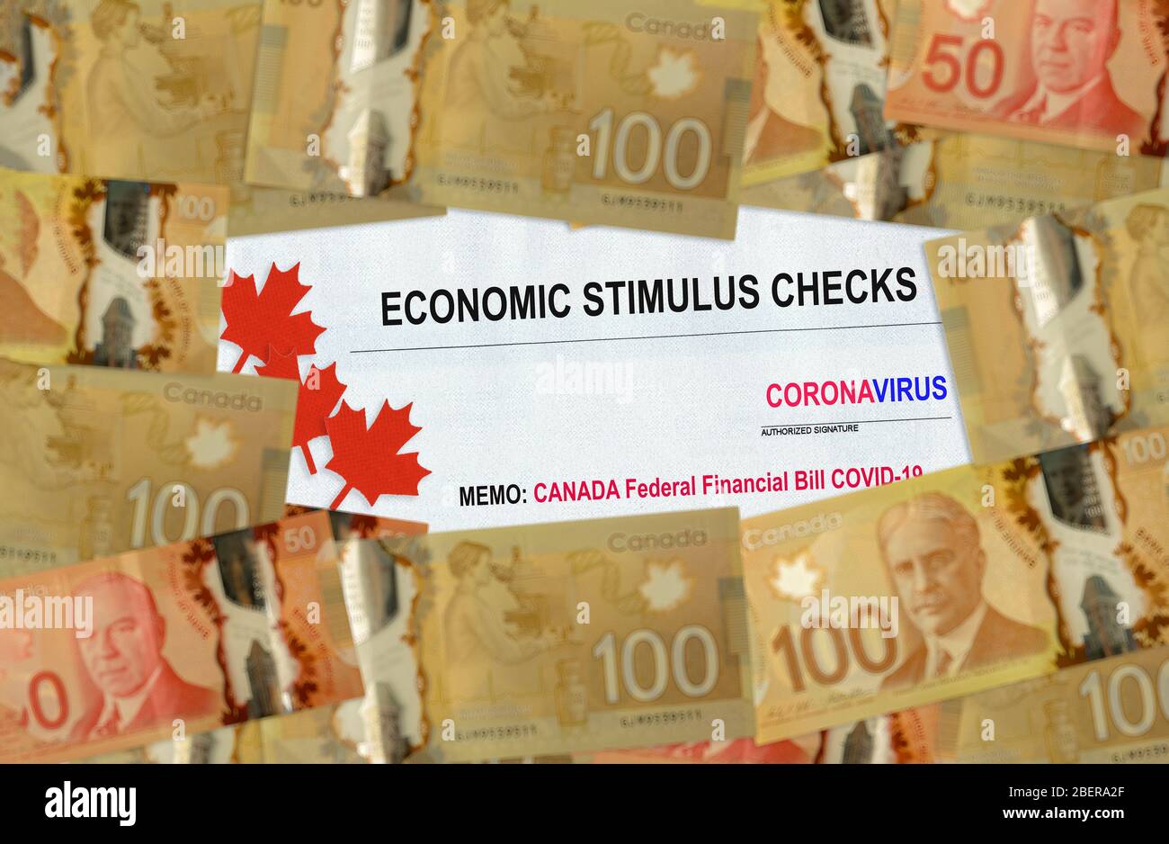 Kanada COVID-19 über globale Pandemie Lockdown Konjunkturpaket finanzielle Entlastung die kanadische Regierung Stimulus Coronavirus Entlastung Rechnung Kanada Dollar Soft fokus angekündigt Stockfoto