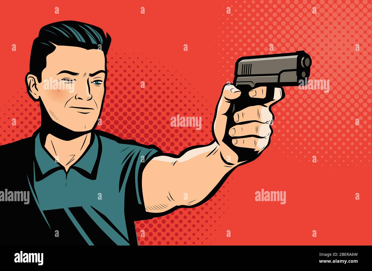 Mann schießt Pistole. Retro Comic Pop Art Vektor-Illustration Stock Vektor