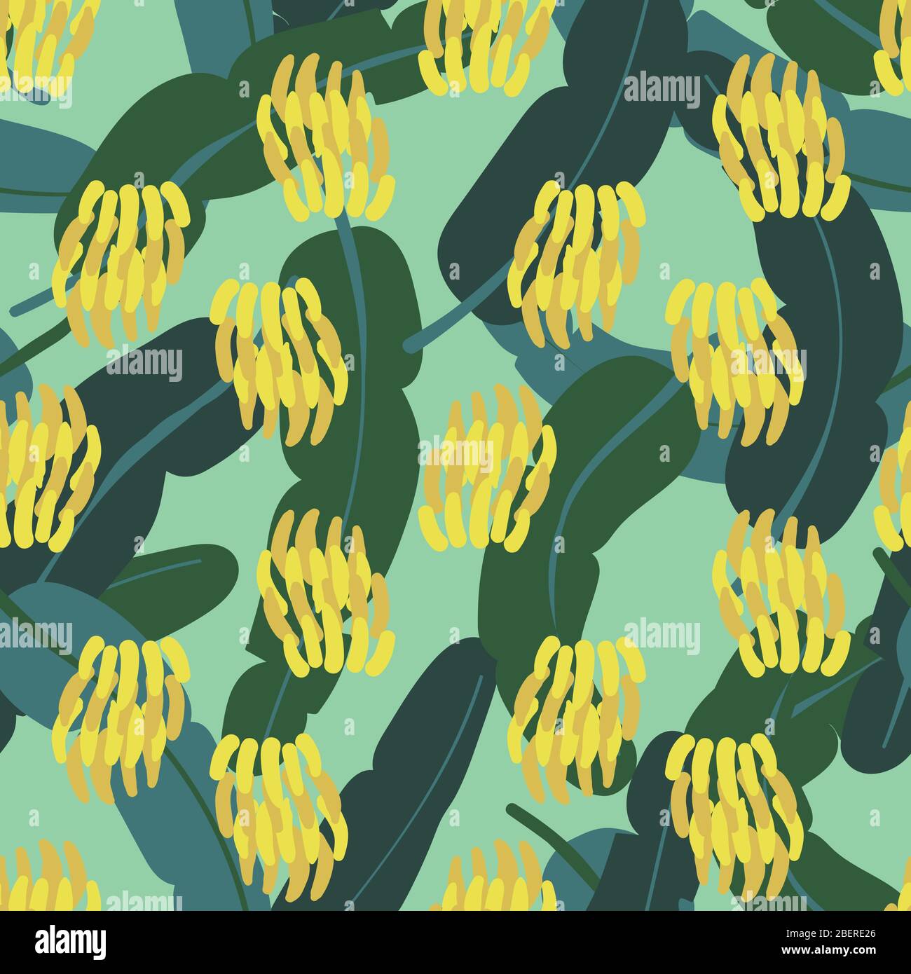 Bananenfrüchte und Blätter nahtlose Vektor-Muster Stock Vektor