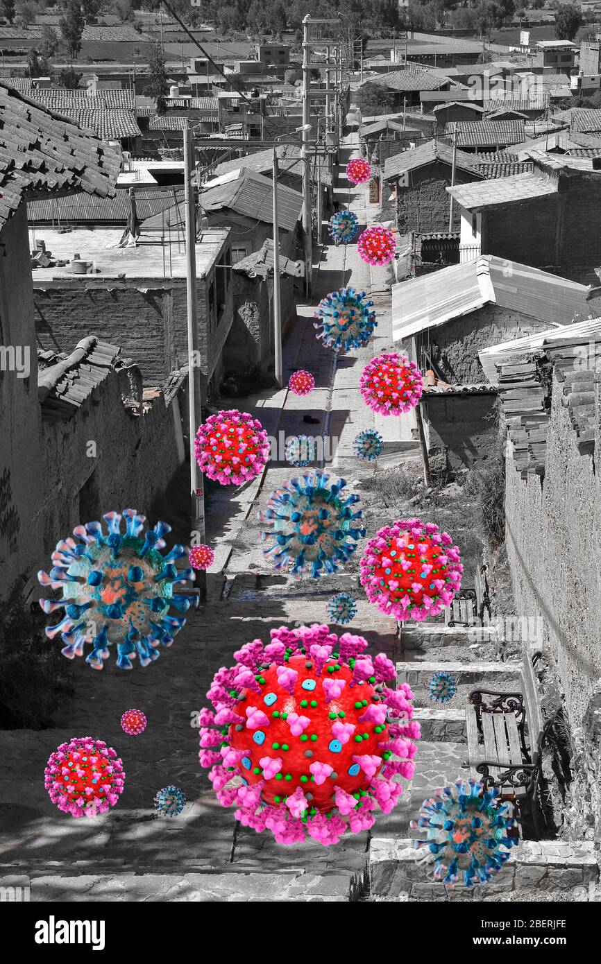 Ländliche Straßen, die von Coronavirus (COVID 19) überfallen wurden, totale Verwüstung ohne Einwohner. Huancayo - Peru Stockfoto