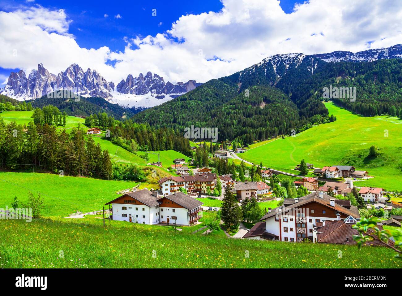 Beeindruckende Alpenlandschaft, Val di Funes, Trentino, Italien. Stockfoto