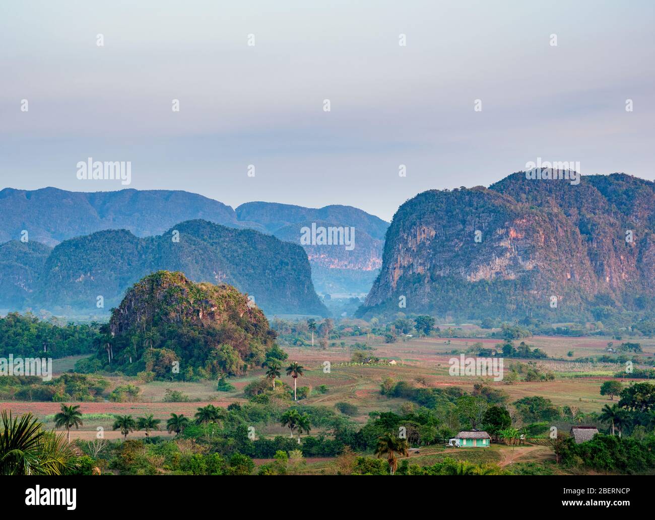 Vinales Tal bei Sonnenaufgang, erhöhte Aussicht, UNESCO-Weltkulturerbe, Provinz Pinar del Rio, Kuba Stockfoto