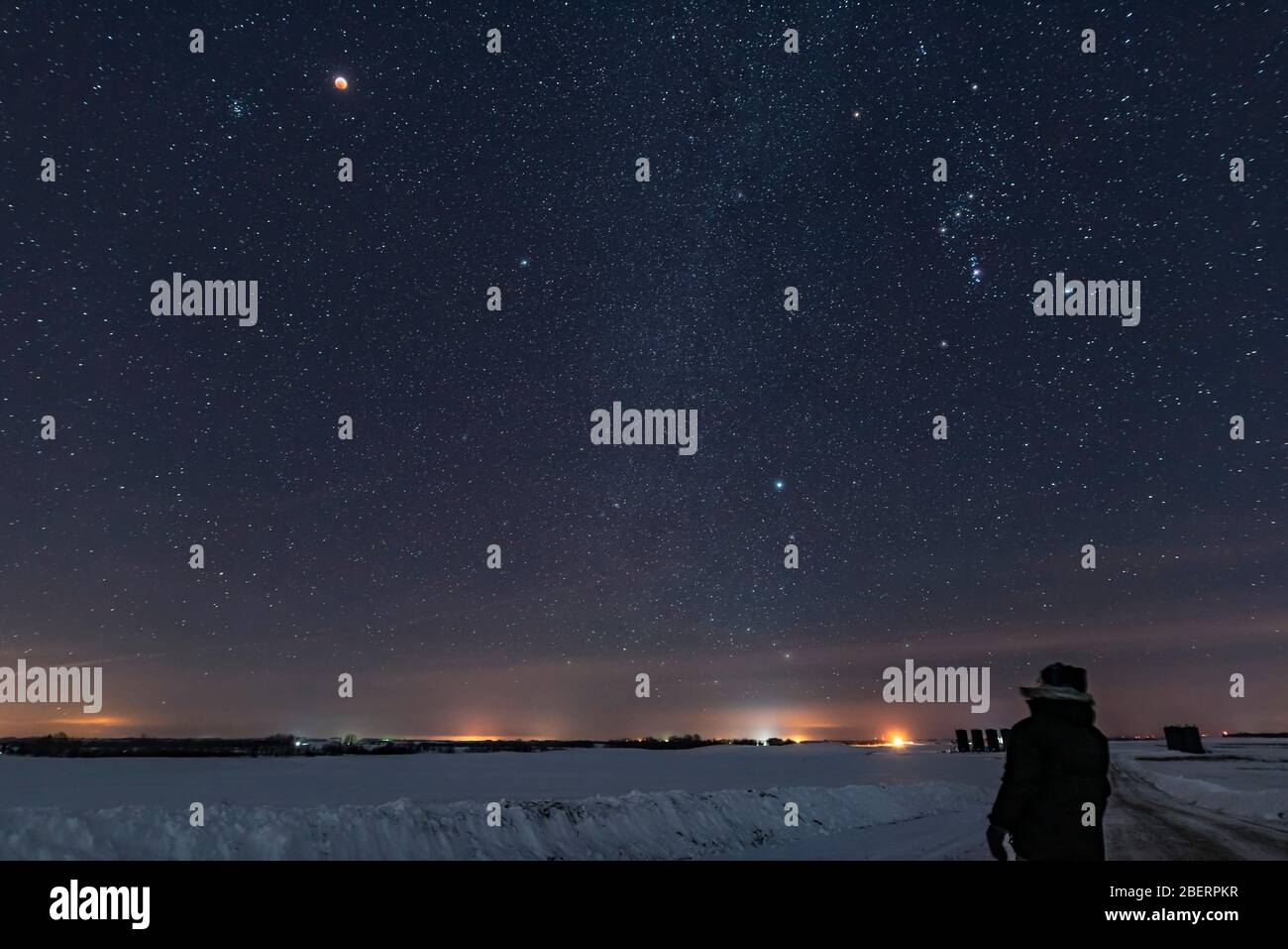 Astronom, der die totale Sonnenfinsternis des Mondes in Saskatchewan, Kanada, betrachtet. Stockfoto