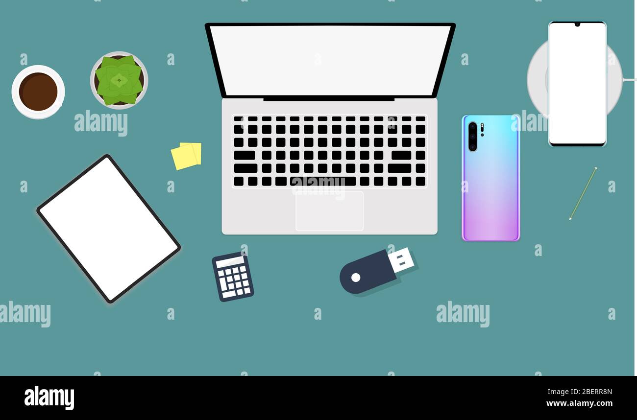 Büroschreibtisch Mock-Up-Illustration mit allen elektronischen Geräten Stock Vektor