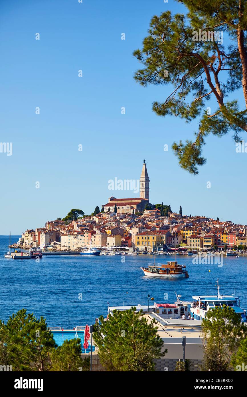 Die Stadt Rovinj, Kroatien, thront dramatisch mit Blick auf die Adria. Es liegt auf der Halbinsel Istrien im Nordwesten Kroatiens. Stockfoto