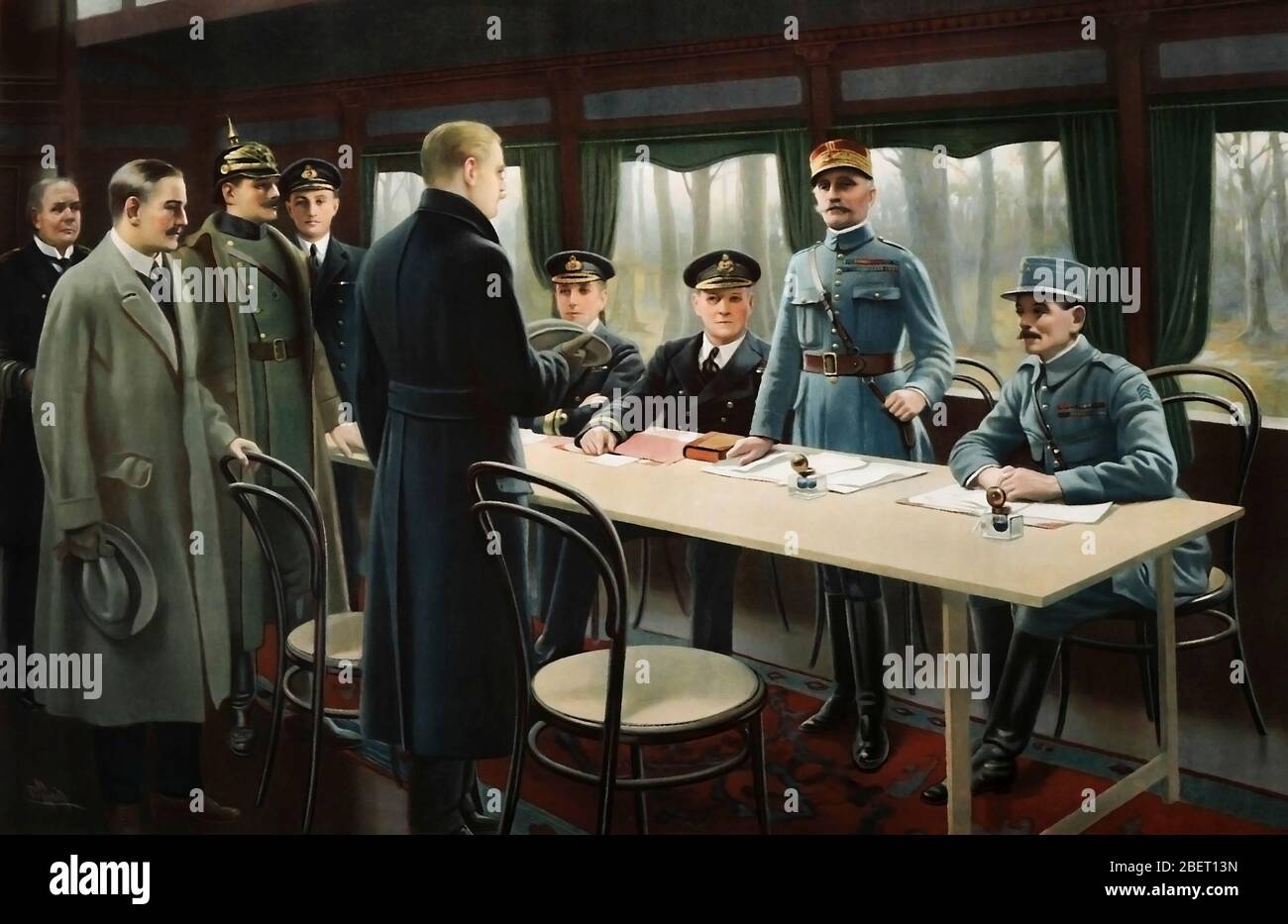 Gemälde von alliierten Nationaldelegierten, die auf die deutsche Delegation an Bord eines Zuges warten. Stockfoto