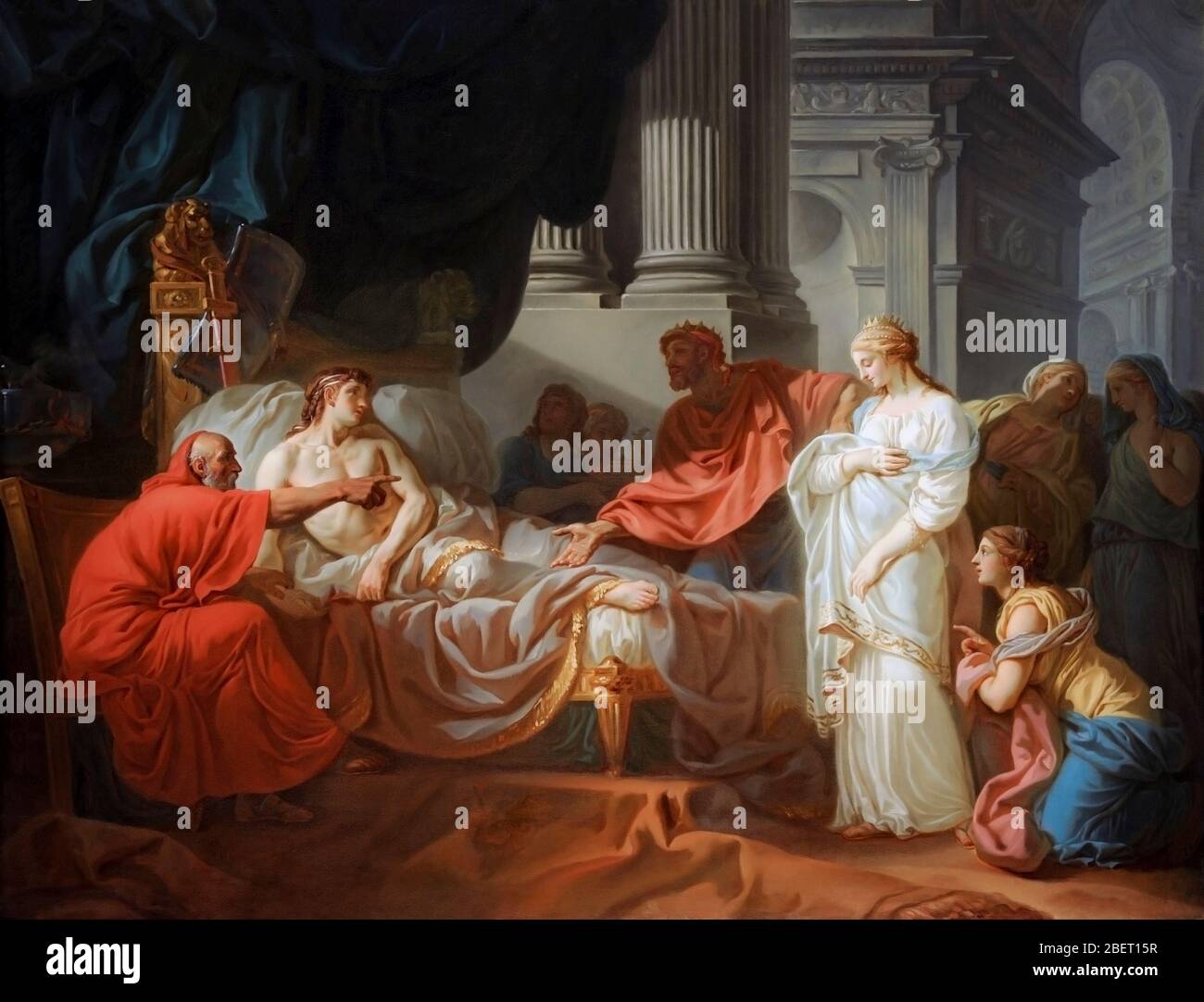 Antiochus krank im Bett als sein Arzt, Erasistratus, entdeckt seine Liebe zu seiner neuen Mutter Stratonice von Syrien. Stockfoto