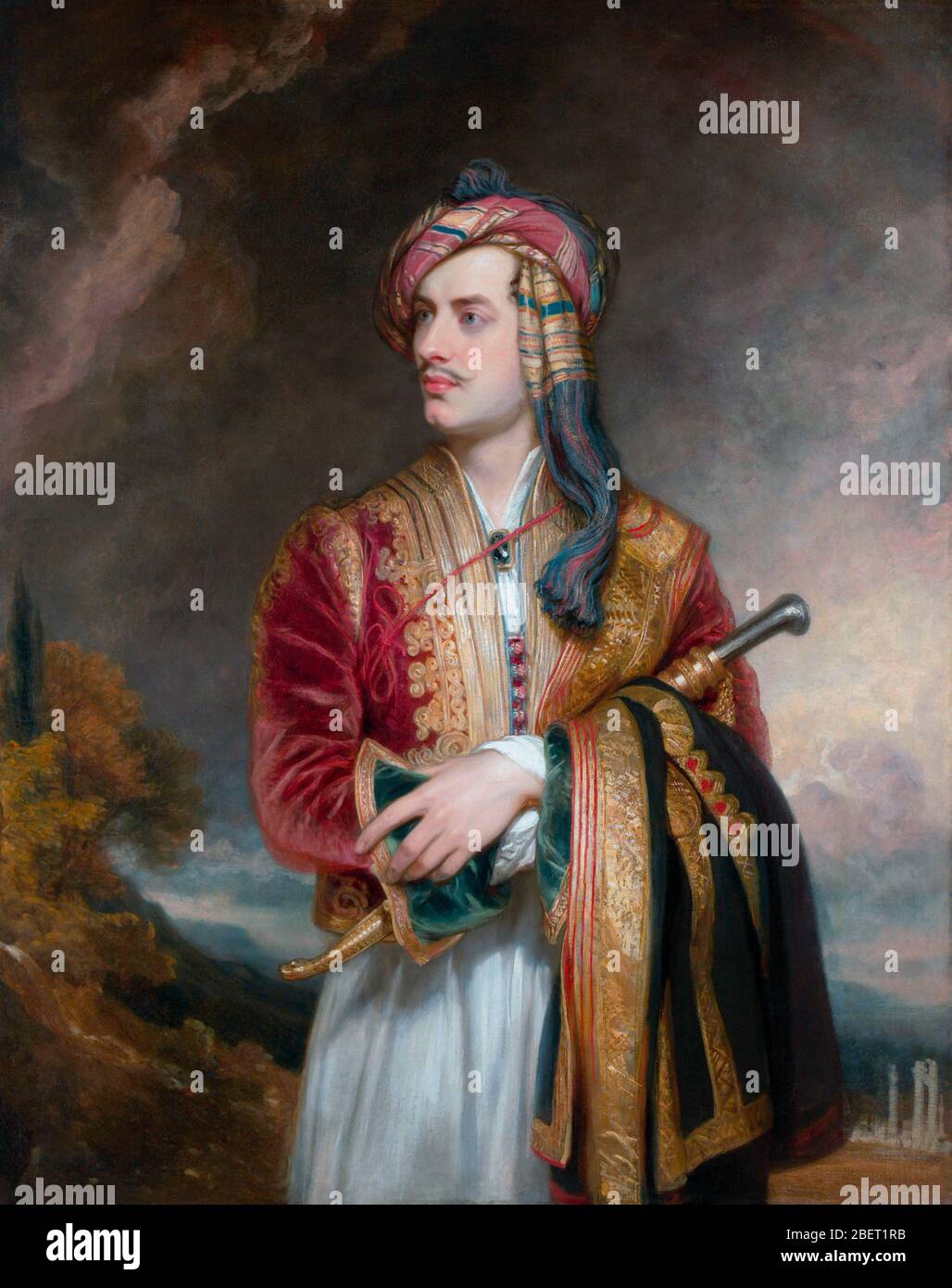 Literarische Geschichtsmalerei des englischen Dichters Lord Byron in albanischer Kleidung. Stockfoto