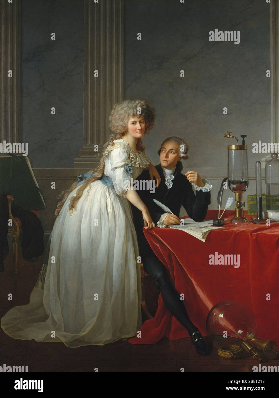 Europäisches Ölgemälde des 18. Jahrhunderts von Antoine-Laurent de Lavoisier und seiner Frau, beide bekannte Chemiker der Epoche. Stockfoto