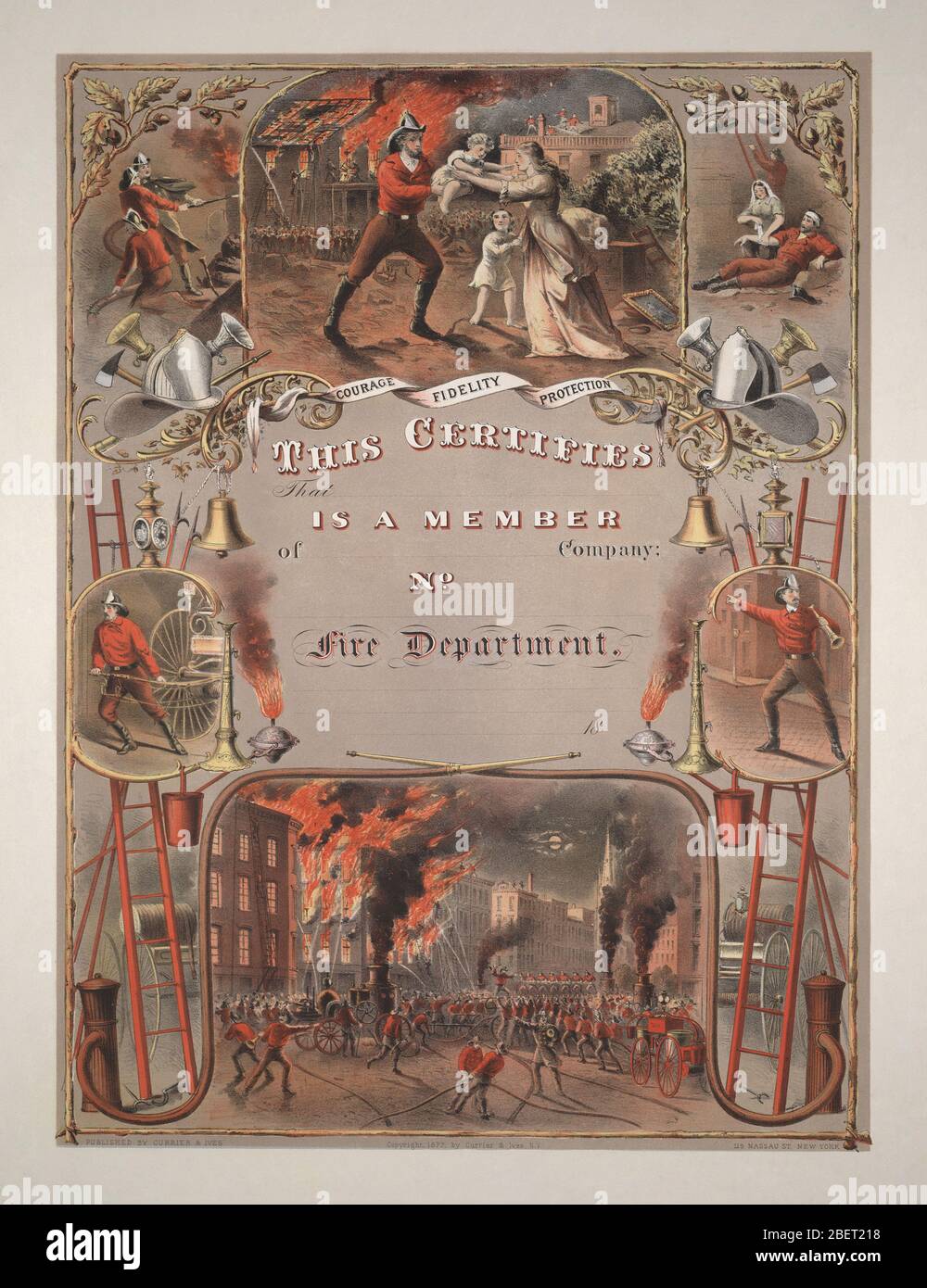 19th Century American Fire Department Print, veröffentlicht von Currier und Ives im Jahr 1877. Stockfoto