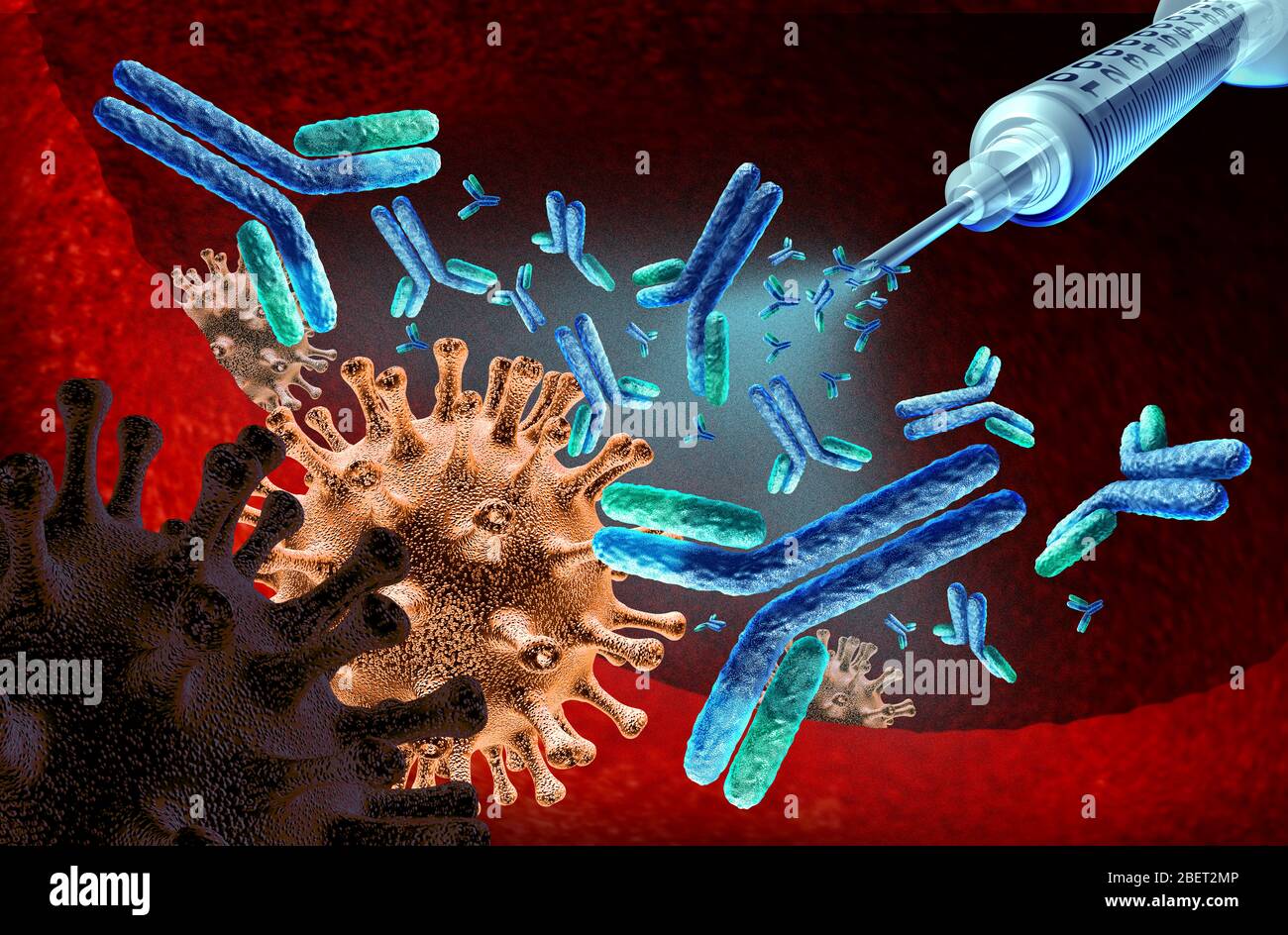 Immunglobulin-Therapie und Impfstoff für Virusinfektion oder bakterielle Krankheit Konzept als onkologische Behandlung Konzept mit Antikörperbehandlung. Stockfoto
