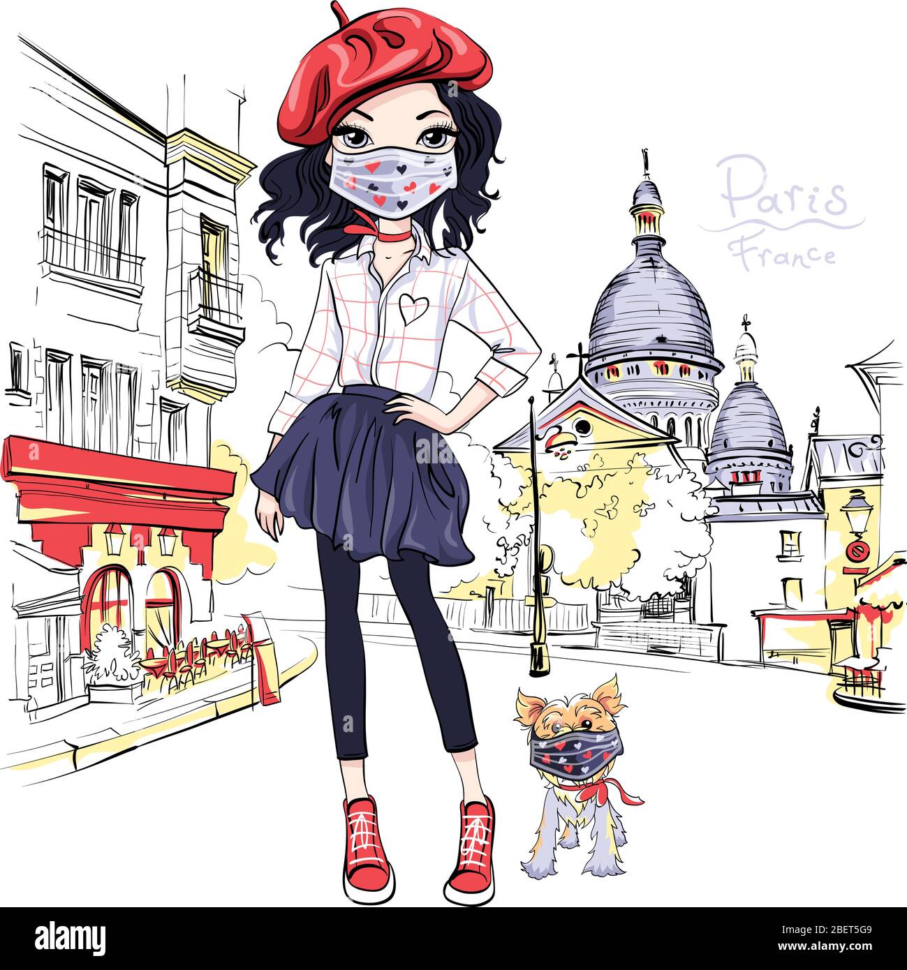 Vector Brünette Mädchen in Schutzmasken zu Fuß einen Hund während Coronavirus COVID-19 Quarantäne in der Nähe von Sacre-Coeur in Paris, Frankreich Stock Vektor