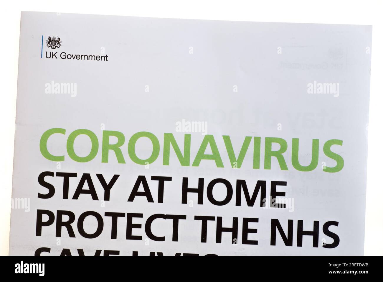 Brief der britischen Regierung über das Coronavirus während der Pandemie 2020 Stockfoto