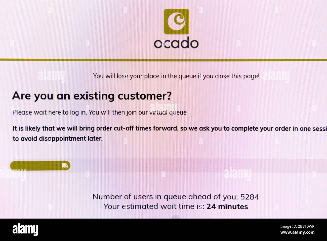 Website-Warteschlangensystem für den Online-Einkauf von Ocado während der Coronavirus-Pandemie 2020 Stockfoto