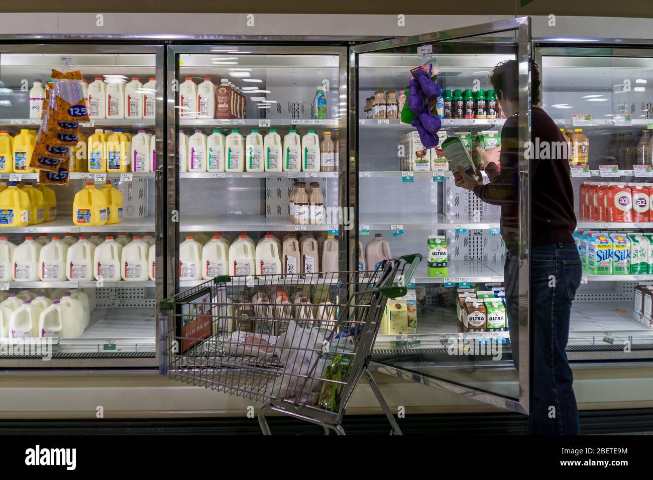 Atlanta, GA / USA - 04/02/20: Leere Kühlregale bei Publix mit Milchmangel wie Milch, Joghurt und saurer Sahne während der Covid- Stockfoto