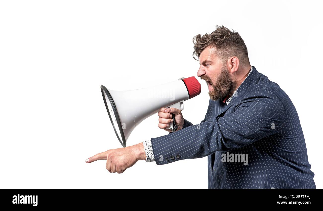 Plump Boss schreit mit einem Megaphon Stockfoto