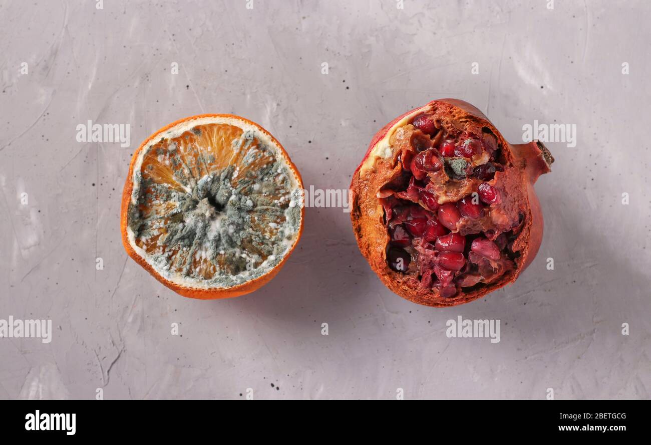 Verdorbene faule Speisen mit Schimmel: Halbe Orange und Granatapfel auf grauem Hintergrund, Draufsicht Stockfoto