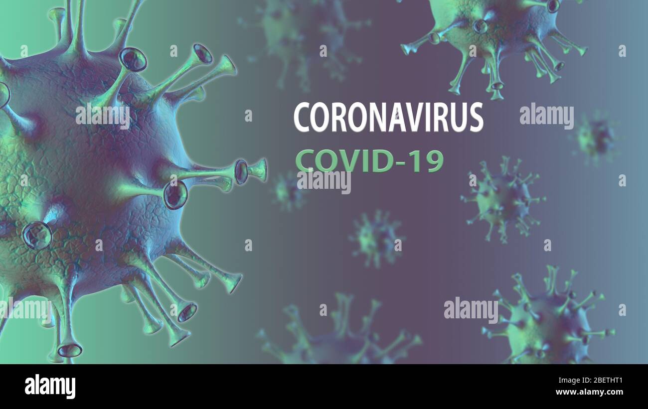 Coronavirus-Krankheit COVID-19 medizinisches Web-Banner mit SARS-CoV-2 Virus-Molekül und Text auf einem Hintergrund. Weltpandemie 2020. Horizontale 3D-Illustrationen Stockfoto