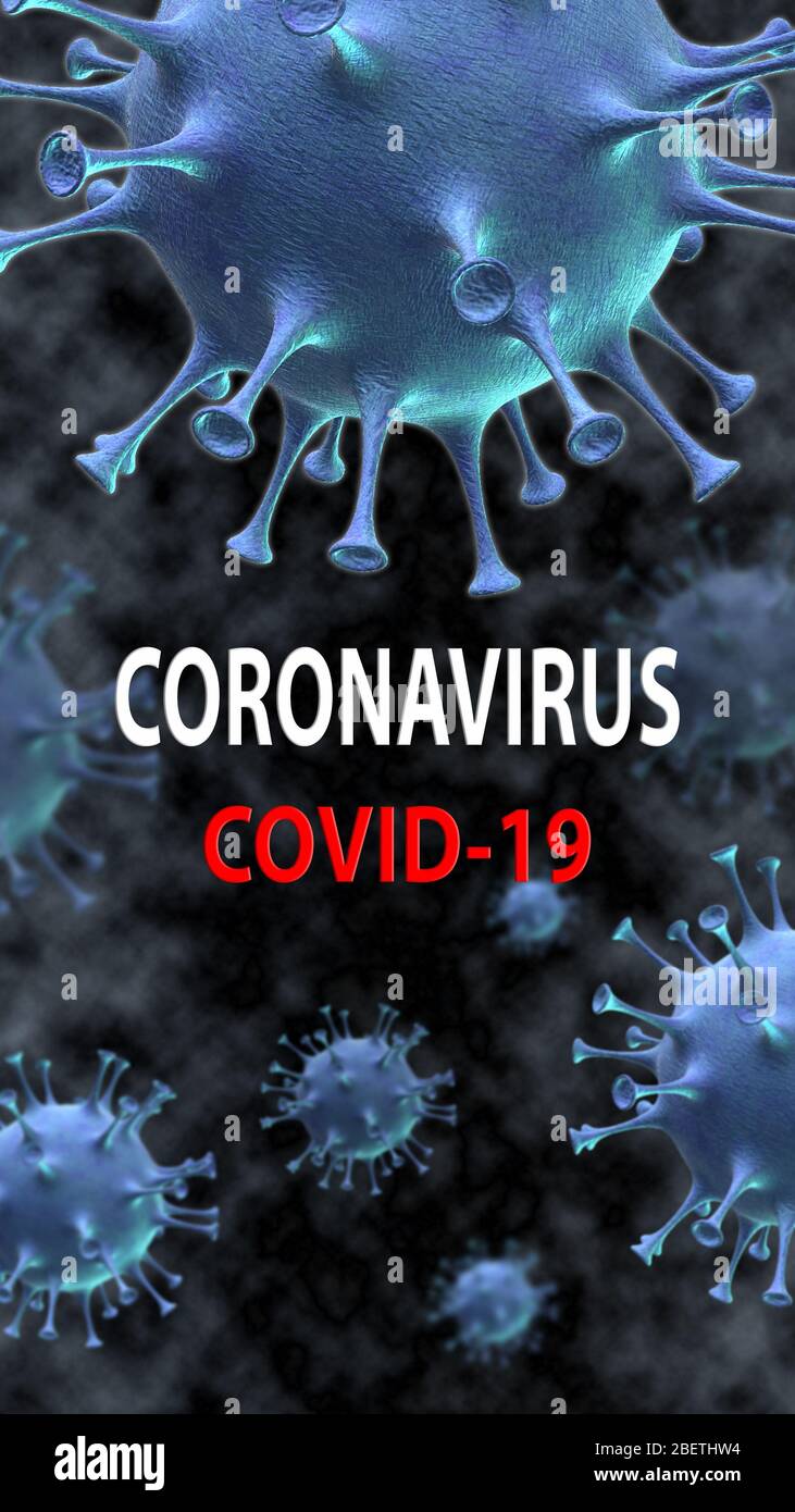 Coronavirus-Krankheit COVID-19 medizinisches Web-Banner mit SARS-CoV-2 Virus-Molekül und Text auf einem Hintergrund. Weltpandemie 2020. Vertikale 3D-Darstellung Stockfoto