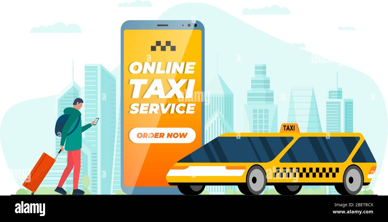 Taxi bestellen Service Konzept. Männlich mit Koffer Gepäck halten Smartphone mit Bestellung App und moderne gelbe Kabine. Online holen taxicab Anwendung flache Vektor eps Illustration Stock Vektor